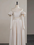 Ndyad Two Pieces Satin Champagne Long Prom Dress, Champagne Long Formal Dress HZ1024
