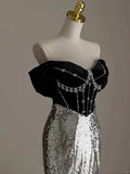 Ndyad Silver Mermaid Off Shoulder Evening Gowns Chic Velvet Sequin Long Prom Dresses HZ1024