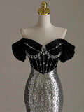 Ndyad Silver Mermaid Off Shoulder Evening Gowns Chic Velvet Sequin Long Prom Dresses HZ1024