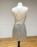 Ndyad Silver V-neck Bodycon Sequin Short Party Dress Backless Homecoming Dress with Tassels HZ1024