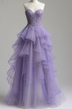 Ndyad Purple Sweetheart Neck A-Line Tulle Long Prom Dresses Formal Evening Dress HZ1024