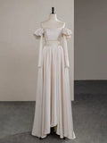Ndyad Two Pieces Satin Champagne Long Prom Dress, Champagne Long Formal Dress HZ1024