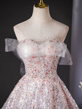 Ndyad Tulle Lace Sequin Pink Long Prom Dress, Pink Long Graduation Dress HZ1024