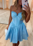 Ndyad A-Line Blue Spaghetti Strap Birthday Outfit Short Homecoming Dresses HZ1024