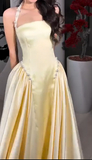 Ndyad A-Line Halter Butter Yellow Satin Long Prom Dresses Birthday Party Outfits HZ1024