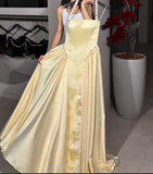 Ndyad A-Line Halter Butter Yellow Satin Long Prom Dresses Birthday Party Outfits HZ1024