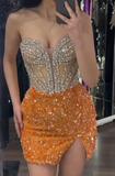 Ndyad Sweetheart Bodycon Short Formal Dresses Orange Sequin Prom Dresses Rhinestone Homecoming Dresses HZ1024