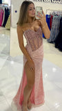 Ndyad Pink Sweetheart Sheath Evening Gowns Sparkly Sequin Slit Prom Dresses Wedding Guest Dress HZ1024