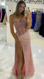 Ndyad Pink Sweetheart Sheath Evening Gowns Sparkly Sequin Slit Prom Dresses Wedding Guest Dress HZ1024
