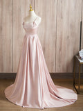 Ndyad Satin Beads Pink Long Prom Dress, Pink Long Formal Dress HZ1024