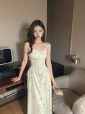 Ndyad Chinese bamboo print satin pleated waist suspender dress HZ1024