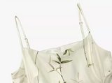 Ndyad Chinese bamboo print satin pleated waist suspender dress HZ1024
