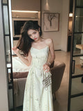 Ndyad Chinese bamboo print satin pleated waist suspender dress HZ1024
