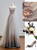 Ndyad Strapless A-Line Prom Dresses Sparkly Sequin Quinceanera Dress Sweet 16th Birthday Outfit HZ1024
