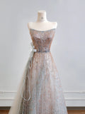 Ndyad Strapless A-Line Prom Dresses Sparkly Sequin Quinceanera Dress Sweet 16th Birthday Outfit HZ1024
