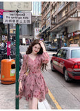 Ndyad pink floral V-neck long-sleeved dress HZ1024