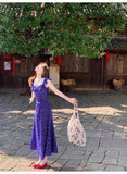 Ndyad Slim Tea Lace Square Neck Ruffle Edge Floral Dress HZ1024