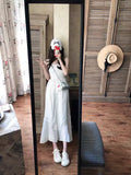 Ndyad style embroidered single-breasted button white suspender dress HZ1024