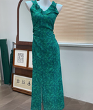 Ndyad retro floral ruffled temperament waist slit dress HZ1024