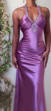 Ndyad Purple Sheath Long Prom Dresses Elegant Satin Halter Beaded Evening Gowns 22nd Birthday Dress HZ1024