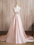 Ndyad Satin Beads Pink Long Prom Dress, Pink Long Formal Dress HZ1024