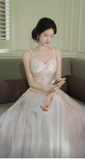 Ndyad Spaghetti Strap A-Line Long Prom Dress Sequined Tulle Formal Dress Sweet Birthday Outfit HZ1024