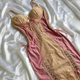 Ndyad Pink Sheath Spaghetti Strap Prom Dress Satin Lace Vintage Birthday Party Dress Evening Gown HZ1024