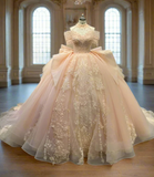 Ndyad Pink Off-the-shoulder Ball Gown Birthday Dress Tulle Beaded Long Prom Dress Applique Quinceanera Dress HZ1024
