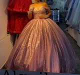 Ndyad Off-the-Shoulder Pink Ball Gown Birthday Dress Tulle Sparkly Long Prom Dress Applique Quinceanera Dress HZ1024