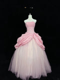 Ndyad Pink Strapless Long Ball Gown Evening Dress Tulle Sweet 16 Birthday Dress Lace Prom Dress HZ1024