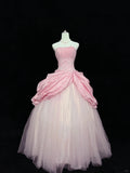 Ndyad Pink Strapless Long Ball Gown Evening Dress Tulle Sweet 16 Birthday Dress Lace Prom Dress HZ1024