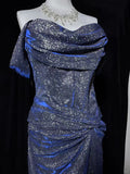 Ndyad Off-the-shoulder Sheath Long Evening Dress Navy Blue Glitter Formal Dress Elegant Prom Dress HZ1024