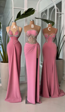Ndyad Sheath Strapless Long Prom Dress Modest Pink Beaded Satin Formal Evening Gown HZ1024