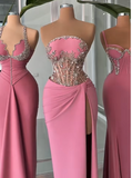 Ndyad Sheath Strapless Long Prom Dress Modest Pink Beaded Satin Formal Evening Gown HZ1024