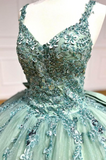 Ndyad V-neck Ball Gown Green Applique Sequin Quinceanera Dress Tulle Long Prom Dress Sweet 16 Dress HZ1024