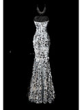 Ndyad Mermaid Sweetheart Neck Evening Dress Modest Silver Sequined Formal Dress Long Prom Dress HZ1024