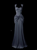 Ndyad Mermaid Sweetheart Neck Evening Dress Modest Dark Gray Satin Long Birthday Prom Dress Formal Dress HZ1024