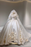 Ndyad White Strapless Bridal Dress with 3D Appliques Ball Gown Elegant Satin Long Wedding Dress HZ1024