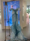 Ndyad Ice Blue Mermaid Off-the-shoulder Long Prom Dresses Stunning Tulle Evening Gowns HZ1024