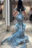Ndyad Ice Blue Mermaid Off-the-shoulder Long Prom Dresses Stunning Tulle Evening Gowns HZ1024