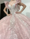 Ndyad V-neck Ball Gown Quinceanera Dress Sparkly Tulle Long Prom Dresses Pink Sweet 16 Dress HZ1024