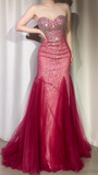 Ndyad Sequin Mermaid Evening Gowns Vintage Burgundy Beaded Tulle Formal Dress Elegant Sweetheart Neck Prom Dress HZ1024