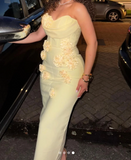 Ndyad Yellow Sheath Evening Gown Modest Sweetheart Neck Applique Formal Dress Satin Birthday Outfit HZ1024