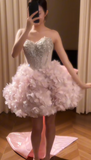 Ndyad Pink Ball Gown Short Homecoming Dress Sweetheart Neck Beaded Formal Dress Birthday Dress HZ1024