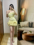 Ndyad Yellow Bodycon Birthday Dress Off shoulder Short Homecoming Dress Beaded Tulle Formal Dress HZ1024