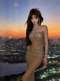 Ndyad Mermaid Strapless Long Prom Dress Beaded Chiffon Champagne Evening Gown HZ1024