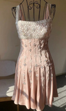 Ndyad A-Line Square Neck Short Birthday Prom Dress Satin Beaded Formal Dress Graduation Dress Middle School Homecoming Dress HZ1024