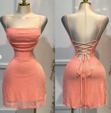 Ndyad Spaghetti Strap Sheath Tulle Beaded Homecoming Dresses, Coral Short Backless Prom Dress HZ1024