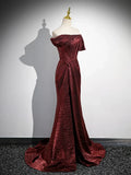 Ndyad Off Shoulder Burgundy Long Prom Dress, Burgundy Long Formal Dress HZ1024