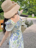 Ndyad floral pastoral style puff sleeve square neck dress HZ1024